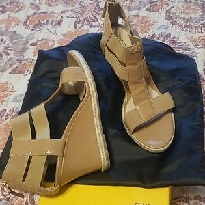 Womens FENDI Beige Patent Leather T-Strap Sandals